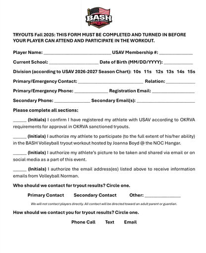 BASH Volleyball 2026-2027 Tryout Registration